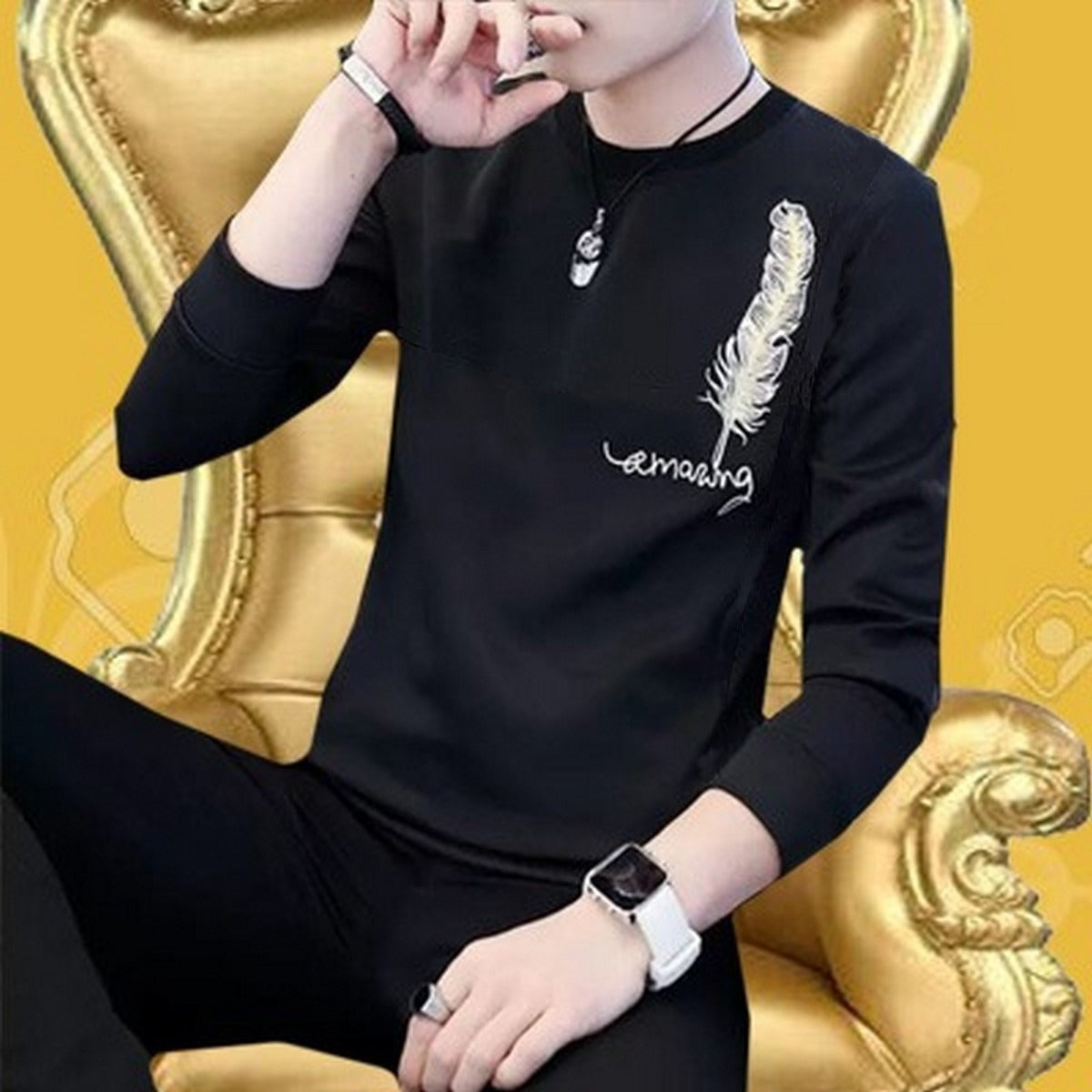 New Collection: Men's Stylish Print Full Sleeves T-Shirt - Premium Quality & Fashionable Design for a Smart Look | Black Leaf Print T-Shirt