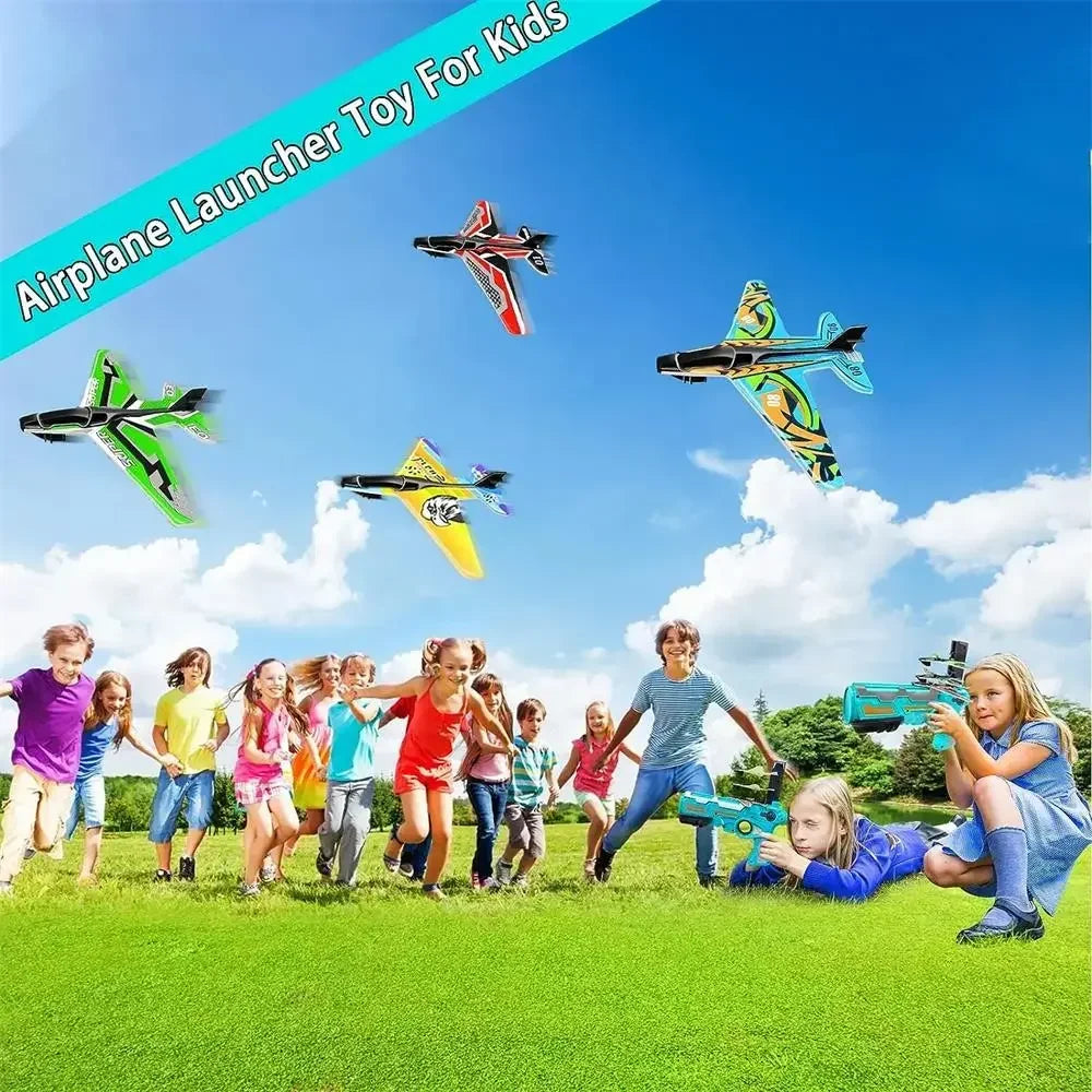 Kids Aircraft Launcher Gun Toy with 3 Foam Planes – Outdoor Flying Glider Shooting Game