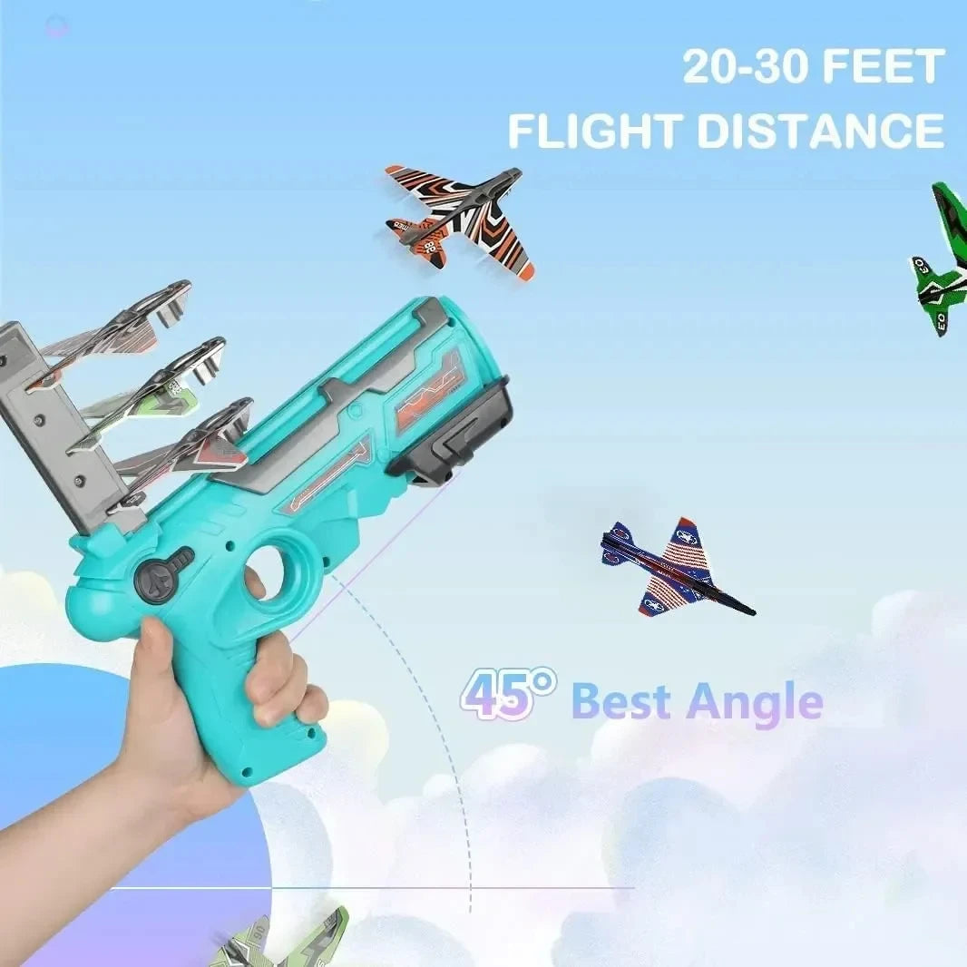 Kids Aircraft Launcher Gun Toy with 3 Foam Planes – Outdoor Flying Glider Shooting Game