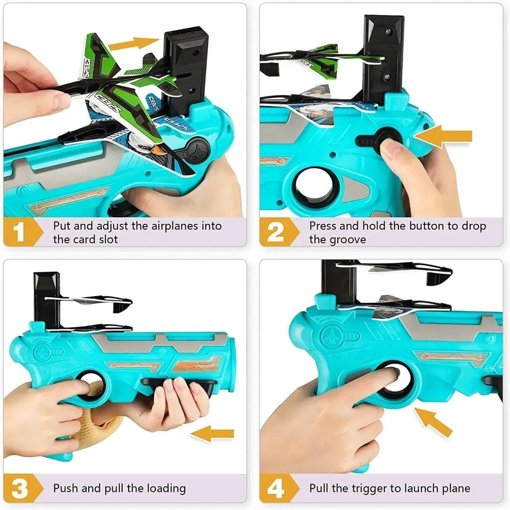 Kids Aircraft Launcher Gun Toy with 3 Foam Planes – Outdoor Flying Glider Shooting Game
