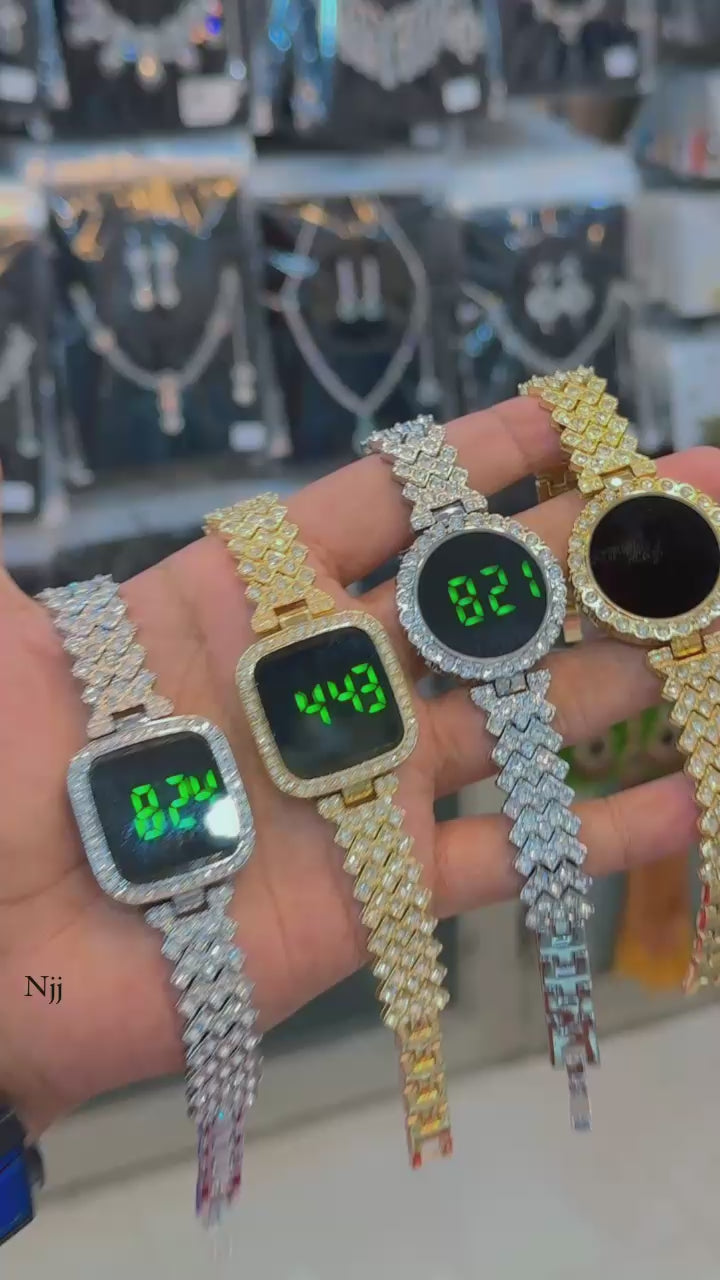 ✨ Luxury Diamond Digital LED Watch for Women – Gold & Silver Stainless Steel Bracelet